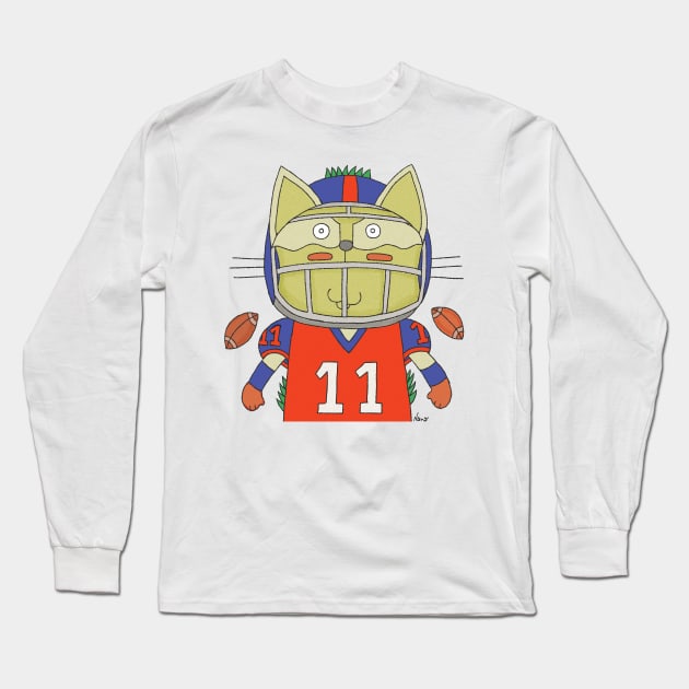 Cat Goof Football Player Number Eleven Geared Up Long Sleeve T-Shirt by Ananamorph Art @PeculiarPeaks Nana Totem Wolfe